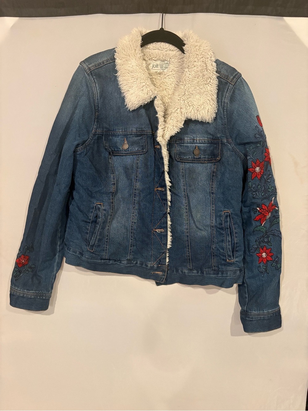 Jolt Blue Denim Jacket with Cream Sherpa Collar and Red Floral Sleeves